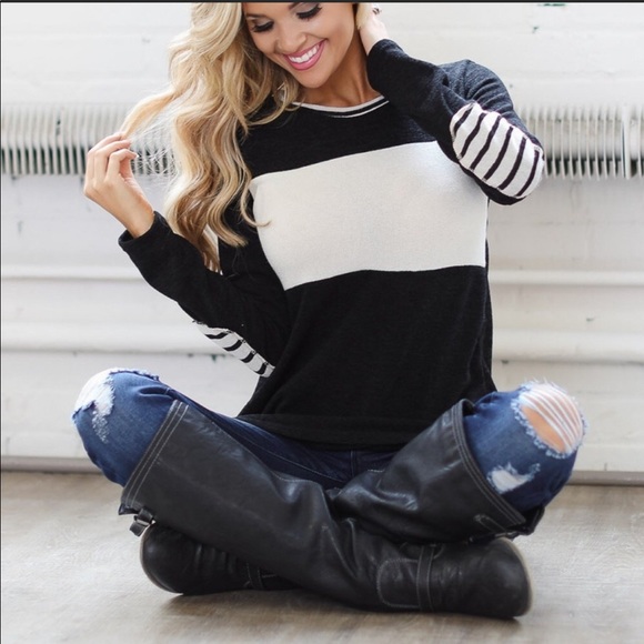 LAST ONE❗️New Color Block Striped Elbow Patch Top - Picture 2 of 3